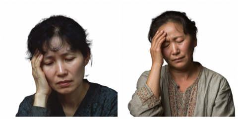 Two asian women showing signs of distress with hand on head and sad expression
