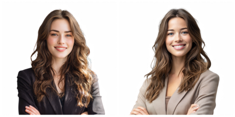 Two smiling women in business attire with arms crossed against a black background