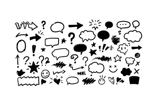 Handdrawn speech bubbles, arrows, stars for presentations, social media, classroom decorations, or web design projects needing a whimsical touch.