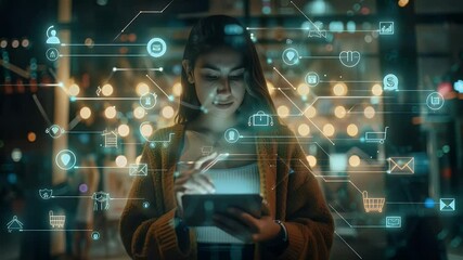 Young woman in yellow sweater interacting with a tablet in a nighttime urban setting with digital interface overlay - Powered by Adobe