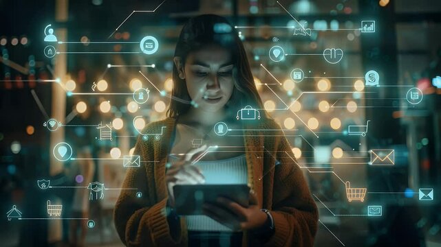 Young woman in yellow sweater interacting with a tablet in a nighttime urban setting with digital interface overlay