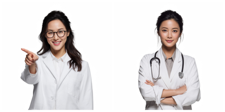 Two asian female doctors in white coats against a black background smiling nicely