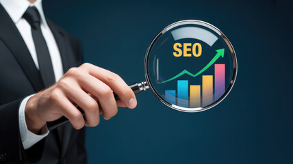 A man is holding a magnifying glass over a graph that shows the growth of SEO. Concept of the importance of SEO in today's digital world and the need to constantly monitor and improve it