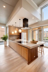 Modern open-plan kitchen with minimalist design and natural lighting