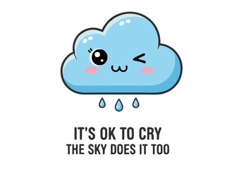 Cute Winking Light Blue Cloud with Rain Drops.