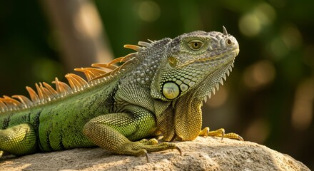 Fototapeta premium Close-up of a green iguana on a rock, showcasing its vibrant colors and scales