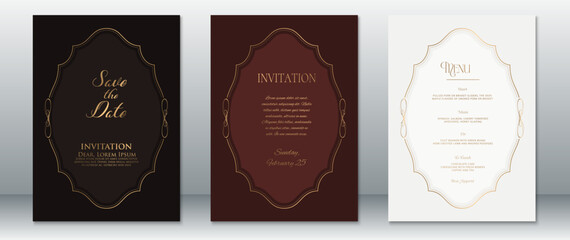 Wedding invitation and menu set featuring Save the Date, Invitation, and Reception Menu cards in elegant gold line style. Decorated with curved frames on dark brown, burgundy, and ivory backgrounds. 