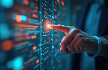 Man points at glowing data screen, interacting with digital footprint information. Computer interface displays online browsing history, app usage, financial graphs. Modern tech concept for business,