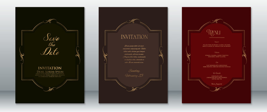 Elegant wedding invitation and menu card set with vintage gold frame decoration on dark backgrounds. Includes Save the Date, Invitation, and Dinner Menu in a formal, luxurious style.