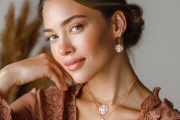 Close Up Portrait of a Beautiful Young Woman with Long Brown Hair Wea Elegant Jewelry and Casual Clothing Indoor