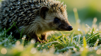 Naklejka premium Tiny hedgehog with dewdrops glistens on a lush green meadow