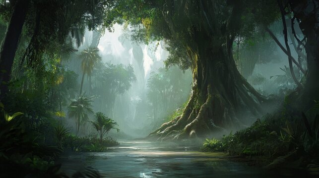 Serene Rainforest Canopy with Intertwining Tree Roots on Damp Forest Floor