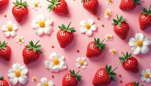 Fresh strawberries and white flowers create vibrant cheerful pattern on pink background. This sweet berry and botanical imagery is perfect for summer designs, textile prints, and seasonal decorations.