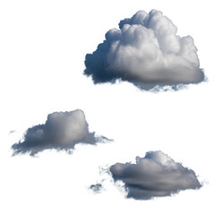 Three distinct cumulus clouds with dark undersides isolated on a white background