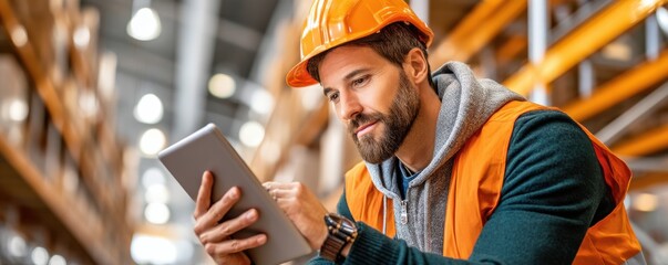 Warehouse worker in a safety vest using a tablet on duty