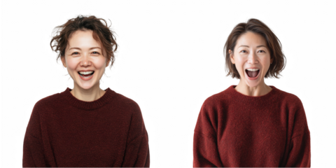 Two asian women in red sweaters with surprised expressions against a black background