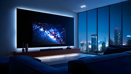 Modern living room design with large tv and led lighting with city view at night