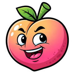 Obraz premium Mischievous Cartoon Peach Character Illustration, Sly Winking Peach Mascot with Green Leaf, Funny Fruit Character - Peach with Playful Expression.