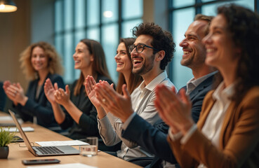 Diverse group of professionals applauding during a business meeting. Employees celebrate success, achievement, and company victory. Teamwork, collaboration, and positive workplace environment.