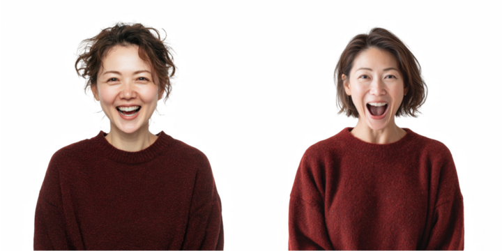 Two asian women in red sweaters with surprised expressions against a black background