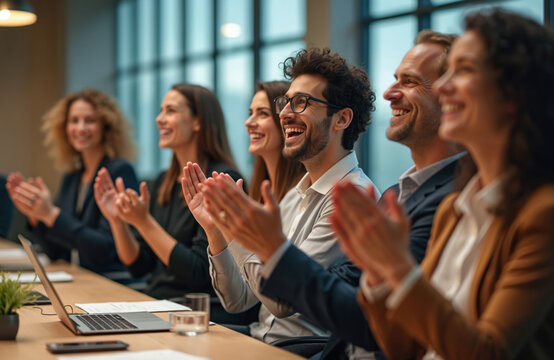 Diverse group of professionals applauding during a business meeting. Employees celebrate success, achievement, and company victory. Teamwork, collaboration, and positive workplace environment.