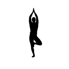 Silhouette of yoga position, man doing asana on one leg with hands in prayer. Silhouette shows perfect balance and posture. Illustrative silhouette for yoga studio poster.