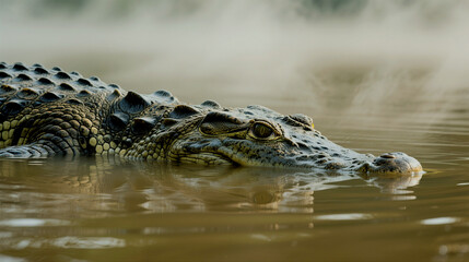 Crocodile emerges partially submerged from murky water, a reptile portrait