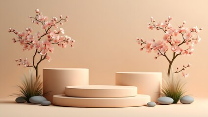 Product display podium showcase with cherry blossom flowers and stones for presentation