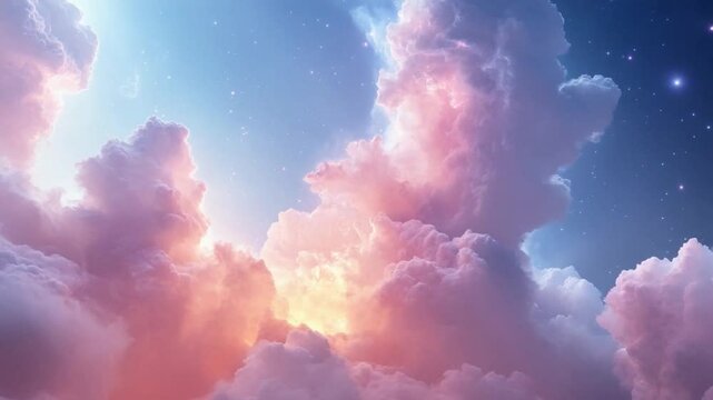 Heavenly Hues: A captivating skyscape unveils a dreamlike panorama, where cotton candy clouds meld with the serene beauty of a starlit canvas. Capturing the magical blend of color and tranquility.