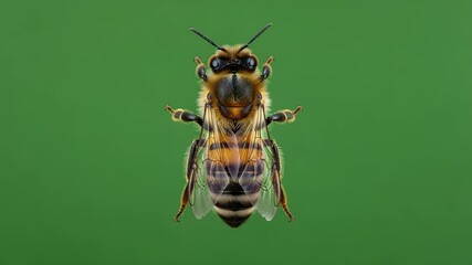 Bee Up Close: This striking image showcases a honeybee in remarkable detail against a solid background. Every aspect of this insect's intricate form is highlighted.