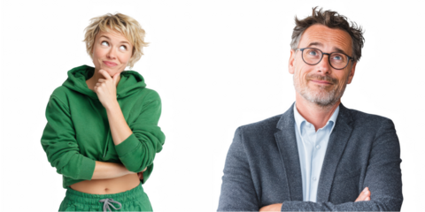 A woman in green hoodie and man in suit looking up in thought against black backdrop