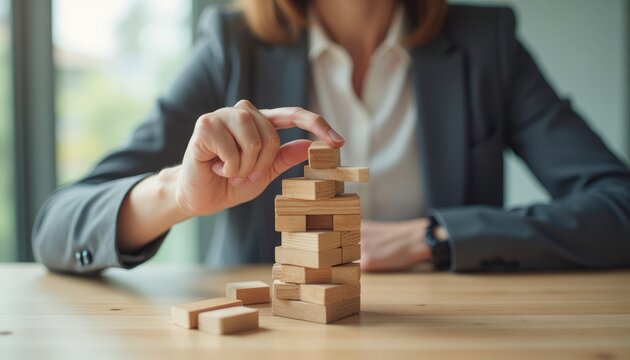 Person carefully placing wooden blocks to construct a tower.