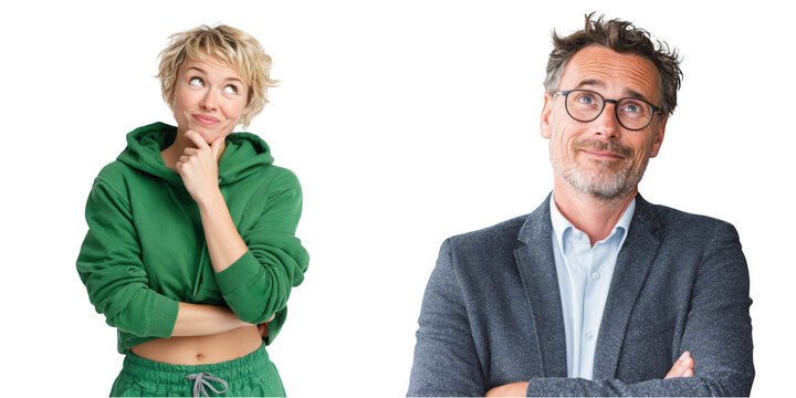 A woman in green hoodie and man in suit looking up in thought against black backdrop