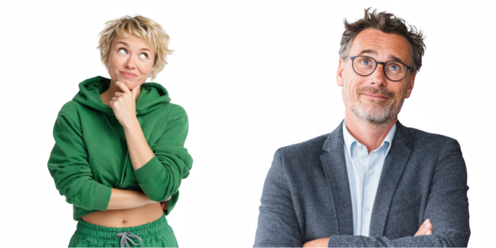 A woman in green hoodie and man in suit looking up in thought against black backdrop