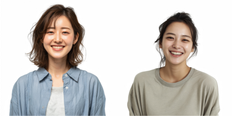 Two smiling asian women with different hairstyles against a dark background