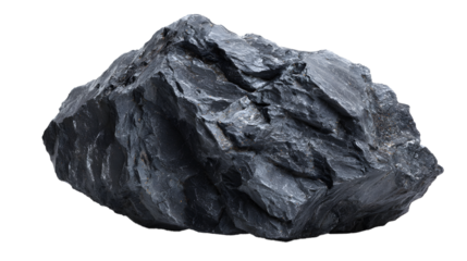 Detailed textured heavy rock, a dark stone mineral on a white background showcasing rough edges