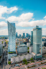 Fototapeta premium Panoramic view of modern skyscrapers and business centers in Warsaw. View from Palace of Culture and Science in Warsaw, Poland.