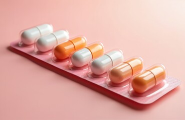 White, orange capsules arranged neatly on pink strip. Medicine, health care, pharmacy, pharmaceutical, medication, health, treatment, wellness, prescription, drug, vitamin, supplement, tablet,