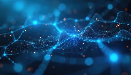 Abstract blue glowing network connections form digital data stream background. Futuristic technology, cyberspace, information flow visualized with particles, points, lines. Dynamic, complex pattern