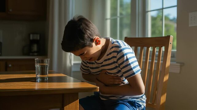 A boy at the dinner table complaining of stomach pain with his hands on his stomach