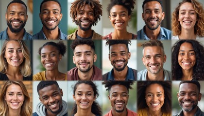 Obraz premium Collage diverse people smiling, representing global community. Portraits capture multiracial faces, men, women smiling, conveying happiness, friendship, unity. Diverse individuals express positive