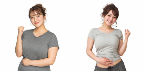 Before and after weight loss transformation of a smiling woman in gray t shirt