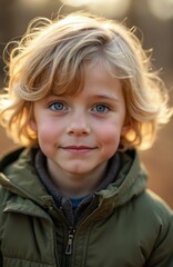 Close-up portrait of happy young boy with blonde hair, blue eyes, wearing green jacket. Natural lighting creates warm glow. Boy smiles gently, conveying innocence, joy. Suitable for lifestyle,