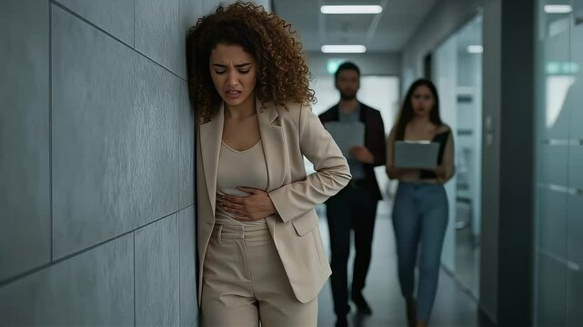 A woman in a suit leaning against the wall at work with stomach pain