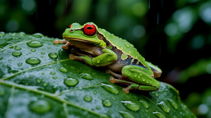 Naklejka premium Vibrant tree frog rests on a leaf covered in raindrops, a nature close-up