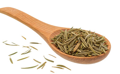 Wooden spoon filled with dried rosemary sprigs and some scattered around on a black background