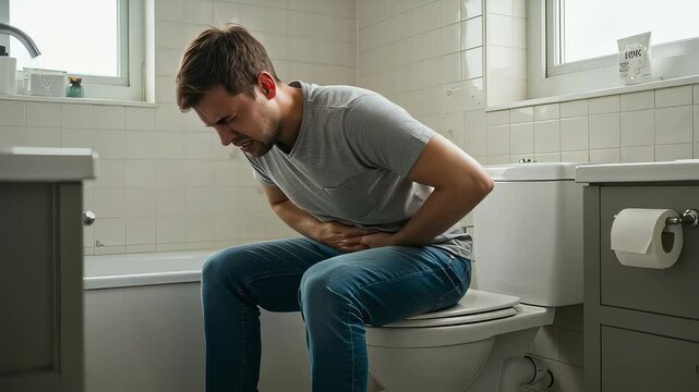 A young man staying in the toilet at home due to stomach pain
