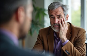 Mature man with grey hair, beard consults with lawyer in pro office setting. Man appears concerned, showing stress, thoughtfulness during discussion about legal advice, potential litigation.