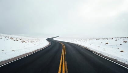 Desolate winter road curves through snow-covered landscape under bright, overcast sky. Asphalt path features double yellow lines, guiding eye towards distant horizon. Sparse, dry grasses dot snowy