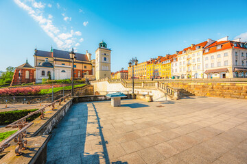 Warsaw old city center with Warsaw Barbican near Vistula river in the morning